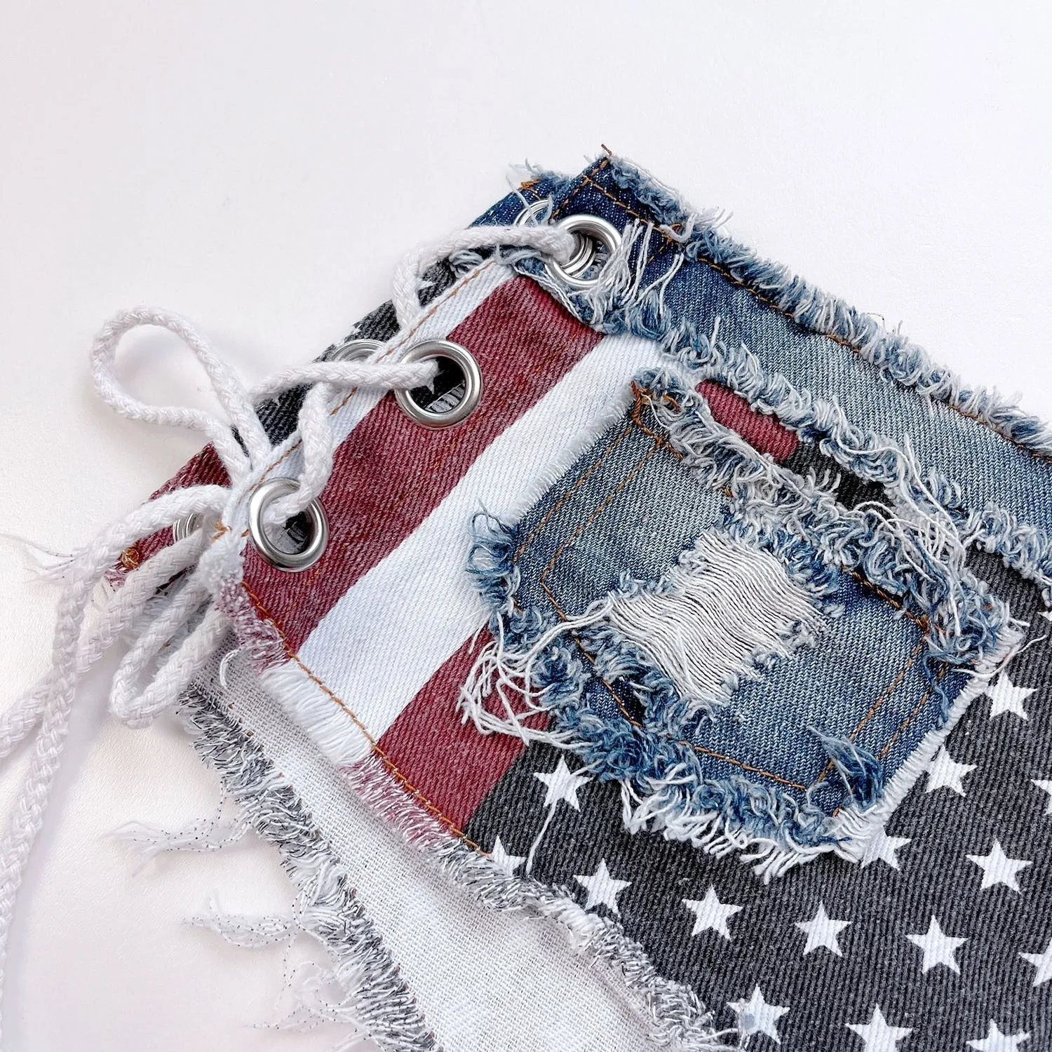 Sexy Bandage Hole USA Flag Patchwork Low Waist Denim Shorts for Women