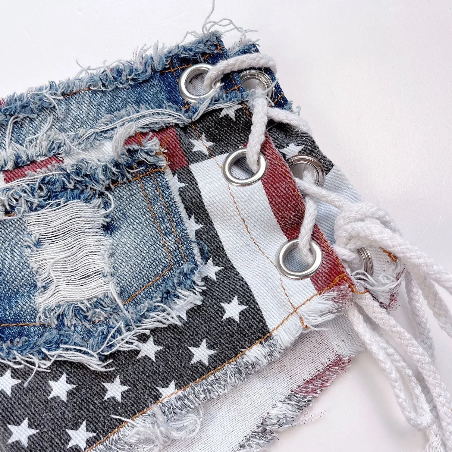 Sexy Bandage Hole USA Flag Patchwork Low Waist Denim Shorts for Women