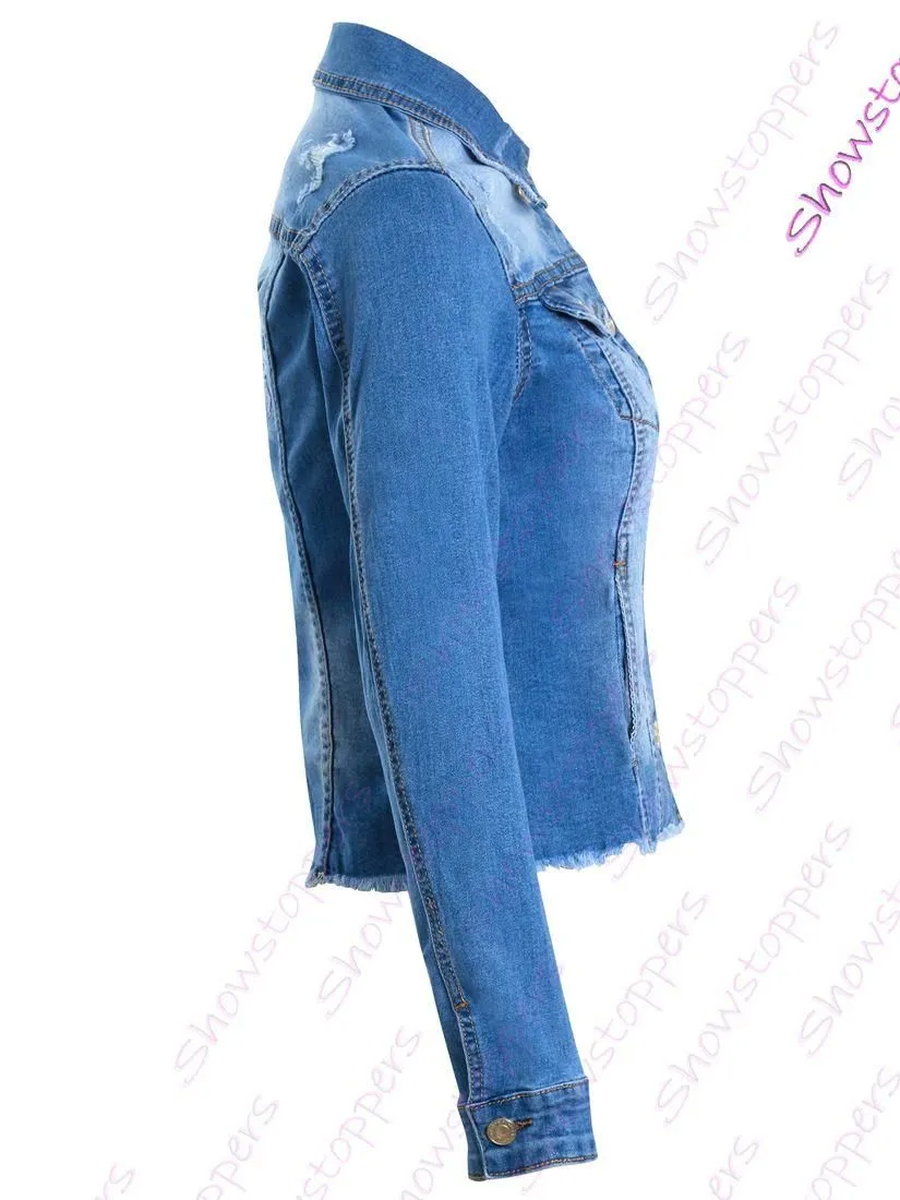 Blue Ladies Jean Jacket Stretch Fitted Denim Jacket Womens Size 14 12 10 8