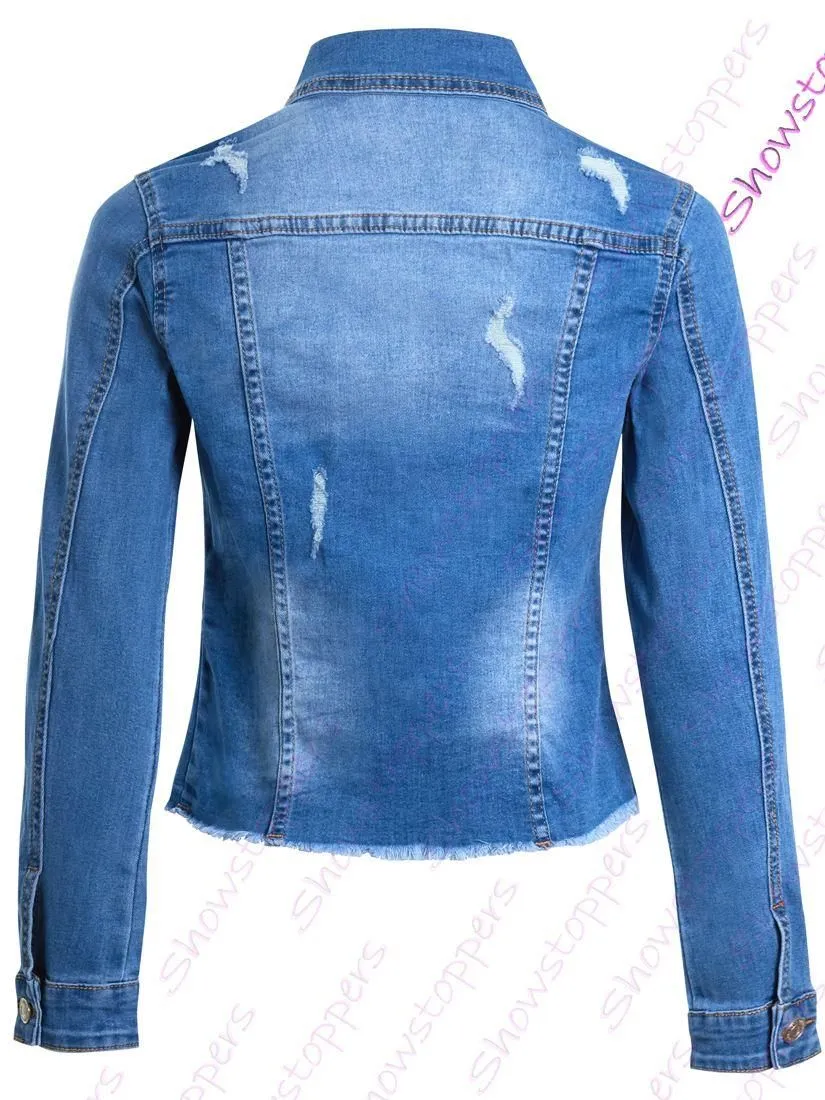 Blue Ladies Jean Jacket Stretch Fitted Denim Jacket Womens Size 14 12 10 8