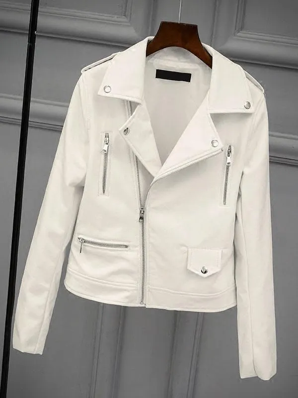 Women's Spring PU Leather White Moto Jacket with Turndown Collar