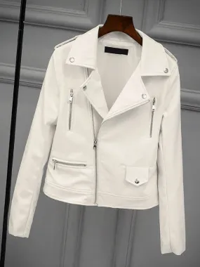 Women's Spring PU Leather White Moto Jacket with Turndown Collar